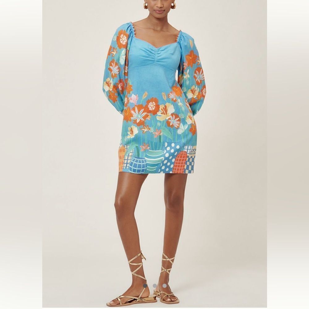 FARM Rio Blue and Orange Floral Long Sleeve Dress